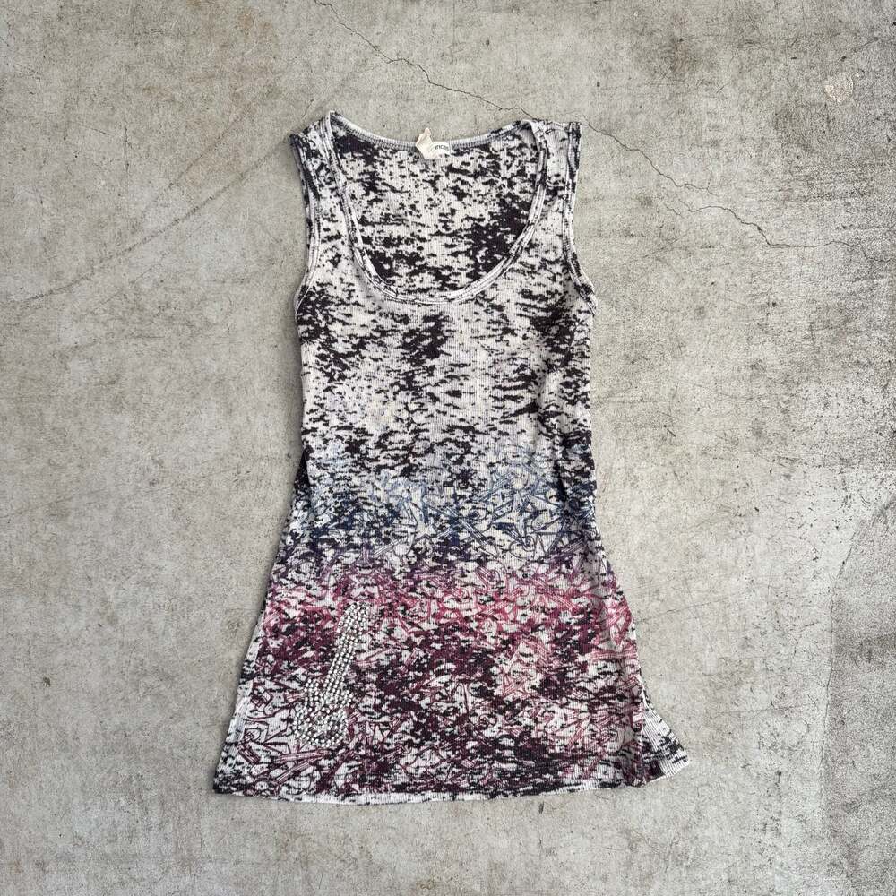 Maurices Ribbed Tank Top with Abstract Print and Rhinestone Embellishment